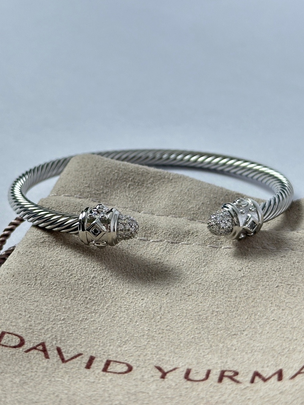David Yurman 4mm Sterling Silver Renaissance Pave Cable Cuff Bracelet Size M